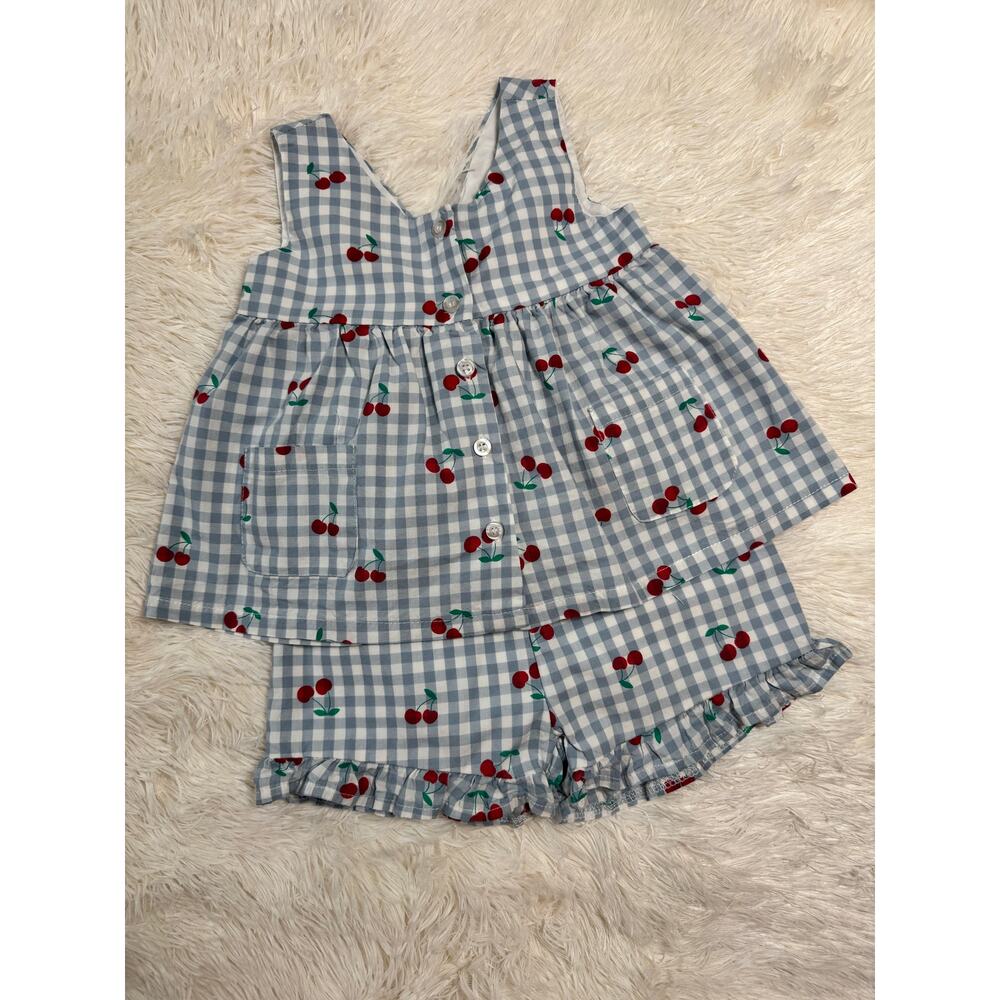Btween Baby Girl Outfit 18M Blue Gingham Cherry Dress with Ruffle Shorts